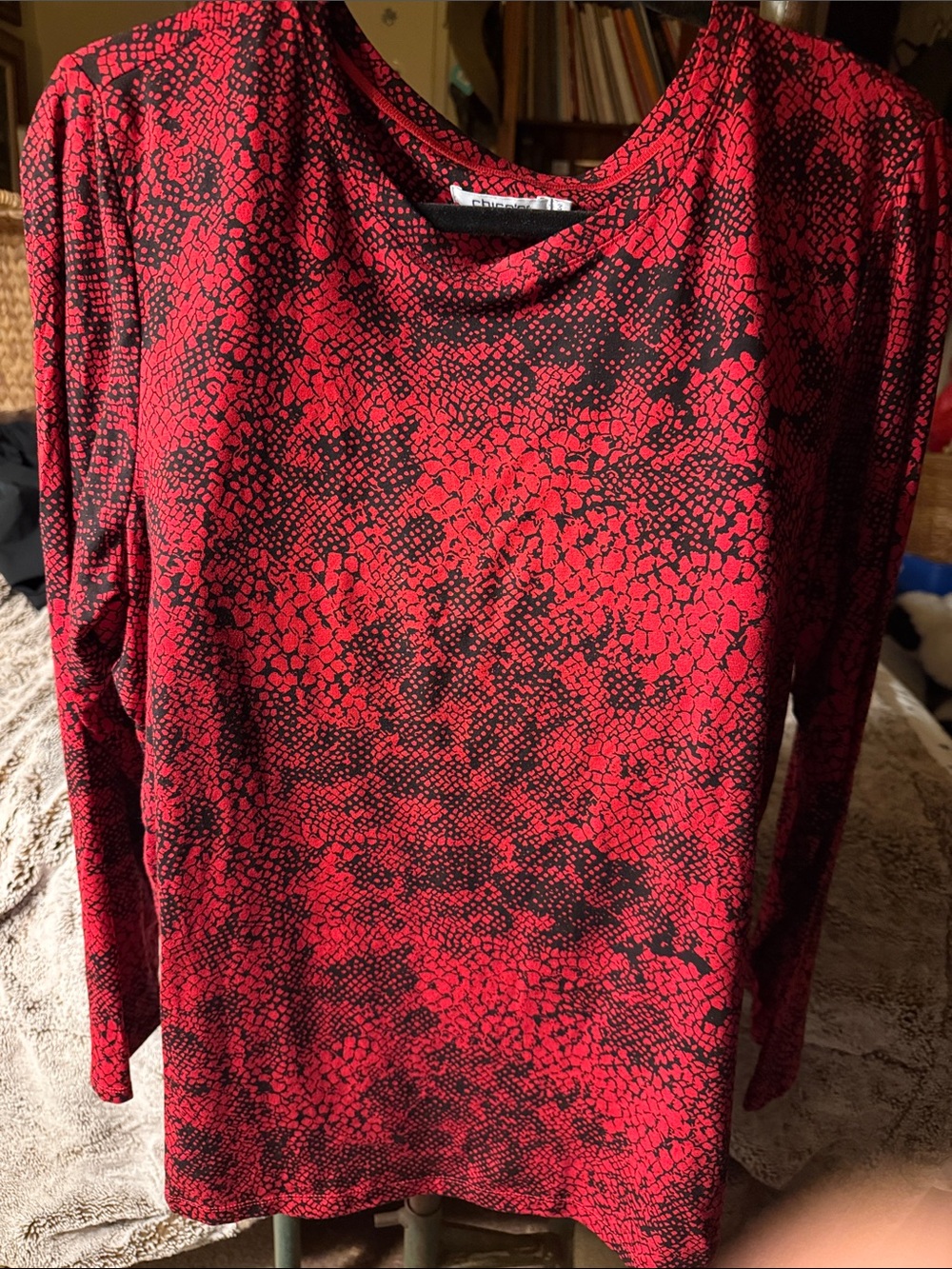 Chico's Red and Black Abstract Snake-Print Long Sleeve Tee